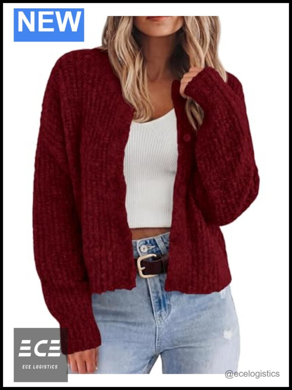 Womens Chunky Knit Cropped Button Down Cardigan Long Sleeve Sweater